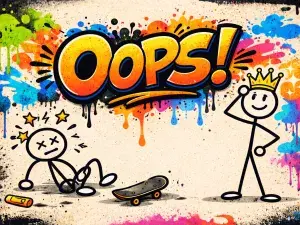 Graffiti-Schriftzug "Oops!" mit zwei Strichmännchen. Es ist gestürzt, wieder aufgestanden und hat sein Krönchen gerichtet.
