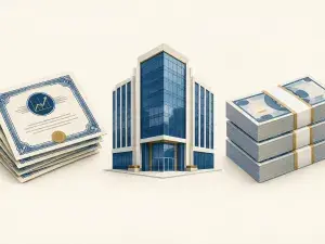 Illustration zum Thema Aktienrückkäufe - auf einer Seite sind die Aktien zu sehen, in der Mitte das Unternehmen und rechts Geldbündel.