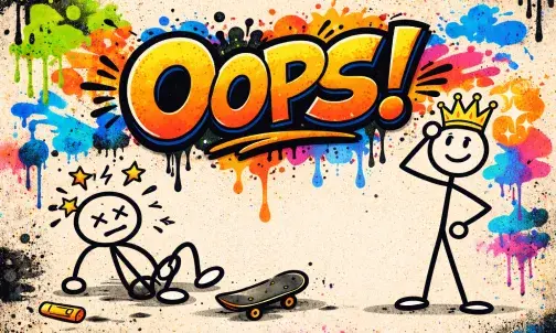 Graffiti-Schriftzug "Oops!" mit zwei Strichmännchen. Es ist gestürzt, wieder aufgestanden und hat sein Krönchen gerichtet.