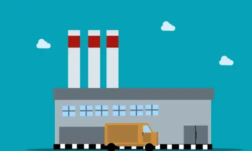Illustration einer Fabrik und einem Lastwagen davor.