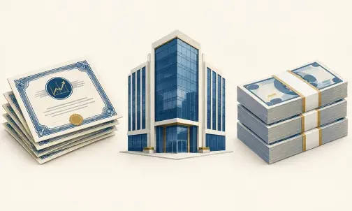 Illustration zum Thema Aktienrückkäufe - auf einer Seite sind die Aktien zu sehen, in der Mitte das Unternehmen und rechts Geldbündel.